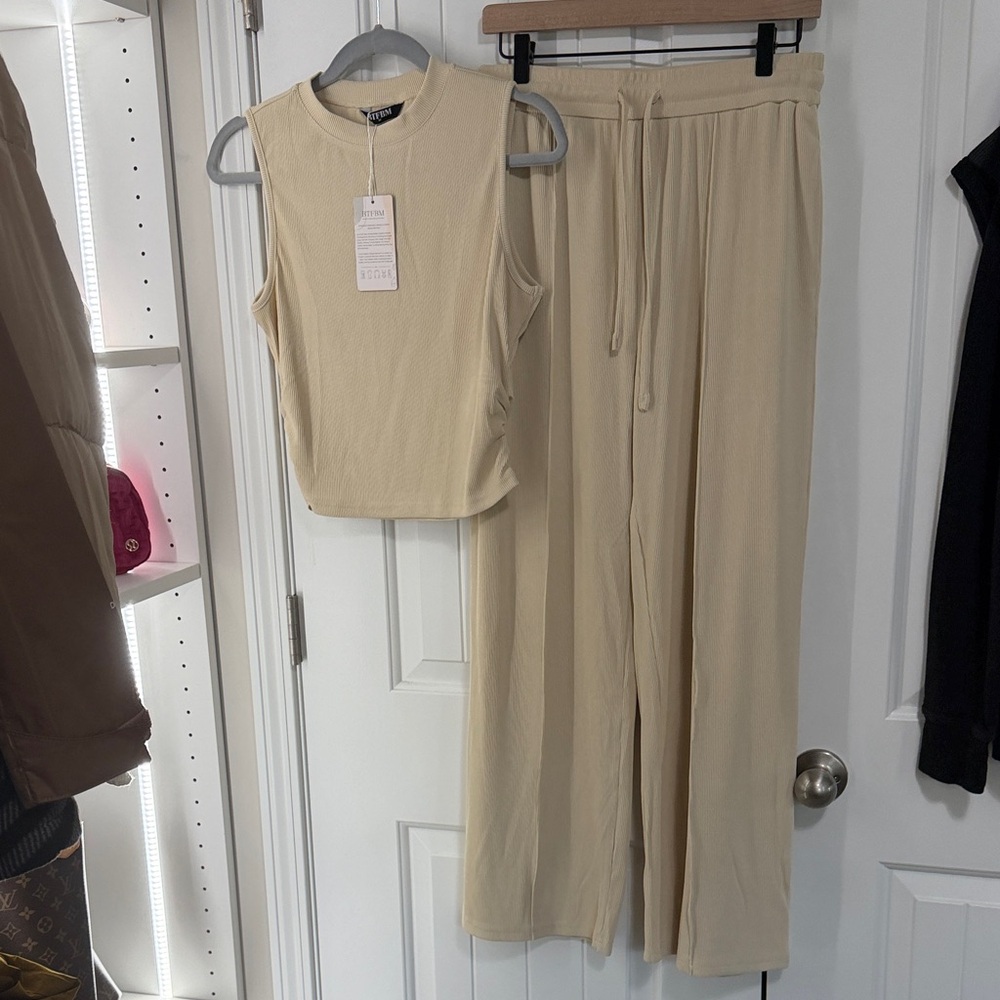 Rouched Tank and Wide Leg Lounge Pants in Beige — Unbranded